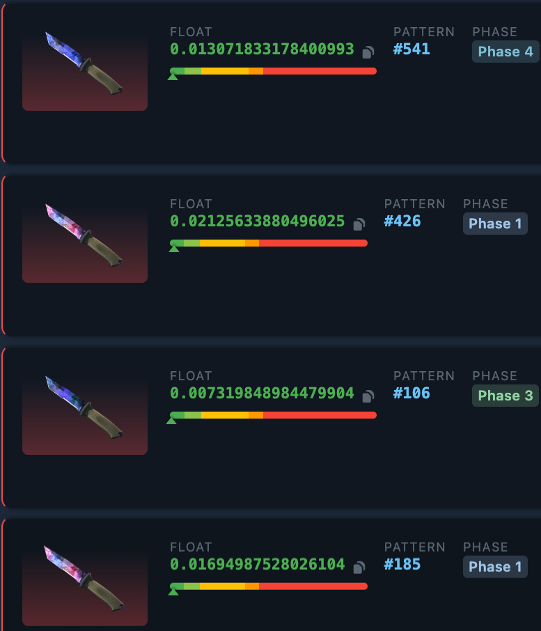 CSGOFloat shows Doppler phase (Phase 1, 3, 4) and pattern number for every knife listing