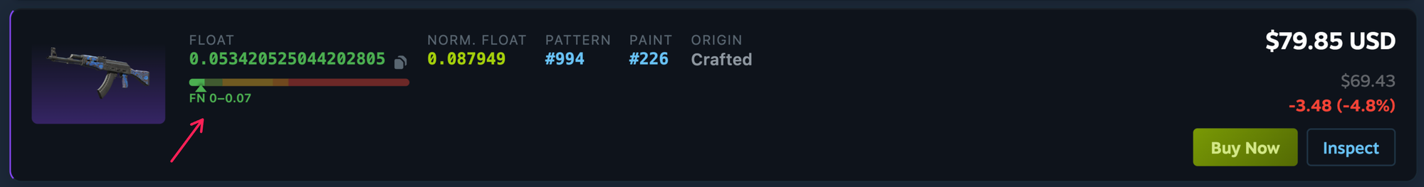 Hover on wear bar to see float range boundaries (FN 0–0.07)