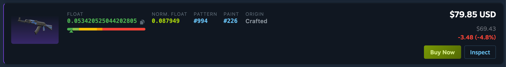 CSGOFloat shows float value, normalized float, pattern, paint and origin on every listing