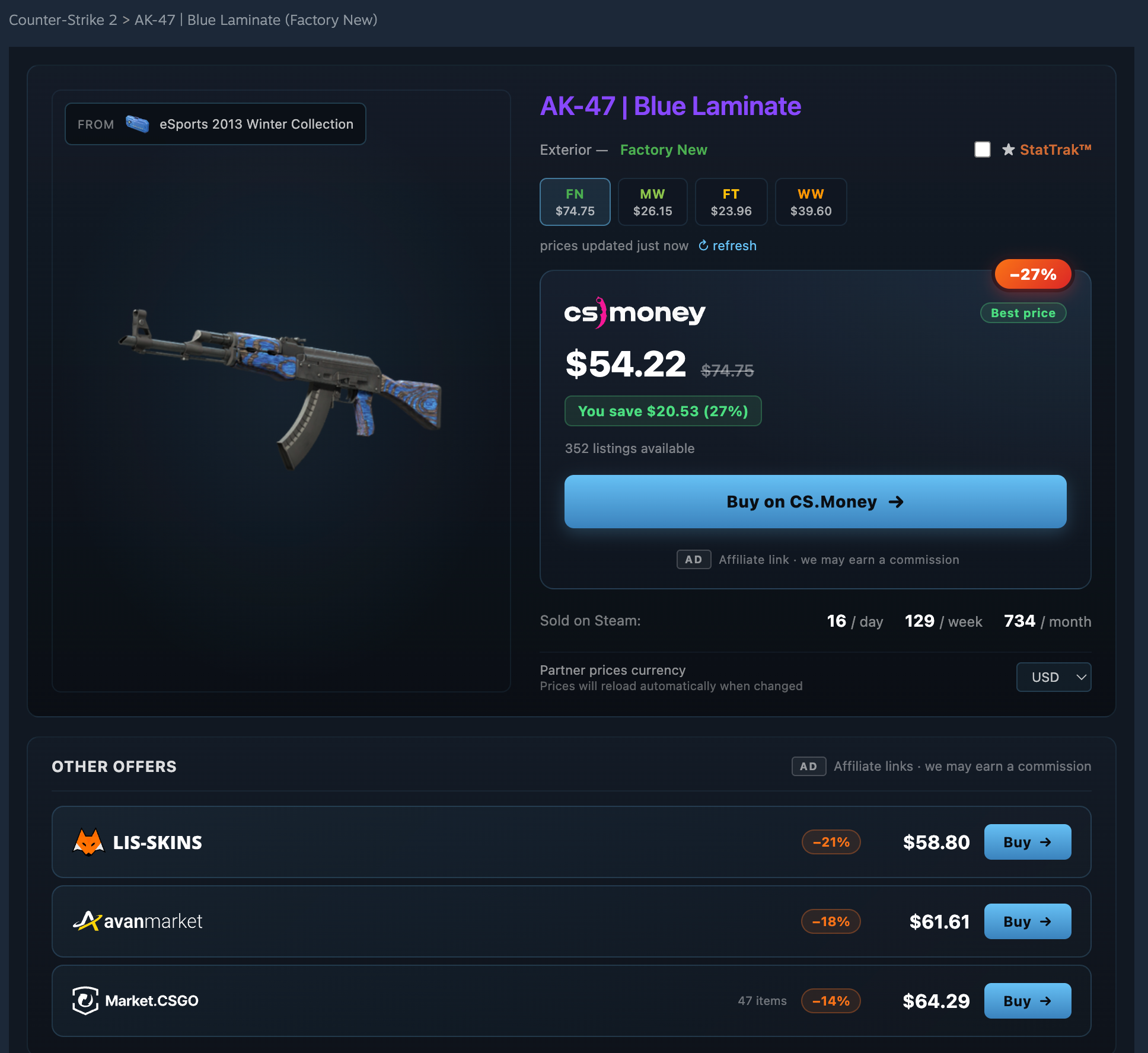 Best prices from partner marketplaces — CS.Money, LisSkins, AvanMarket, Market.CSGO with savings up to 27%
